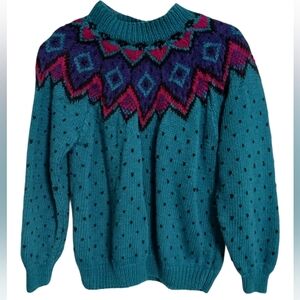 WOMEN'S VINTAGE NORDSTROM POV KNIT TEAL FAIR ISLE SWEATER W/ BLACK HEARTS SIZE L